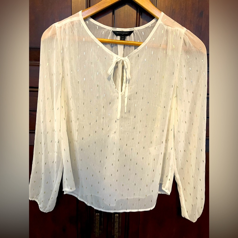 Banana Republic Cream Sheer Tie-Neck Blouse with Metallic Dots